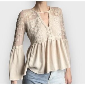 America Eagle Boho Top V Neck Peasant Blouse Bell Lace Sleeve Embroidered Small